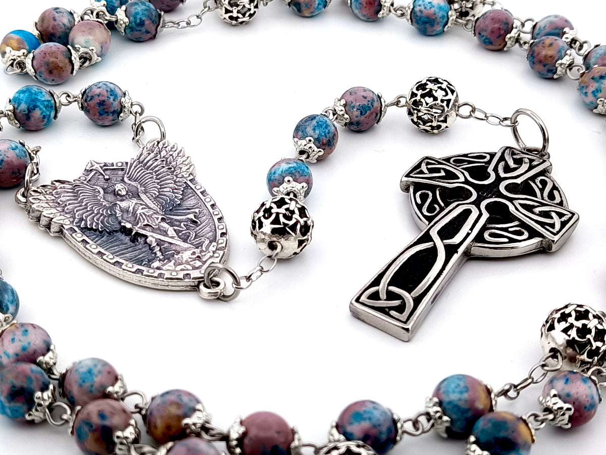 Saint Michael the archangel cyan dark marble gemstone and silver unique rosary beads with Celtic cross.