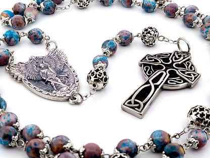 Saint Michael the archangel cyan dark marble gemstone and silver unique rosary beads with Celtic cross.