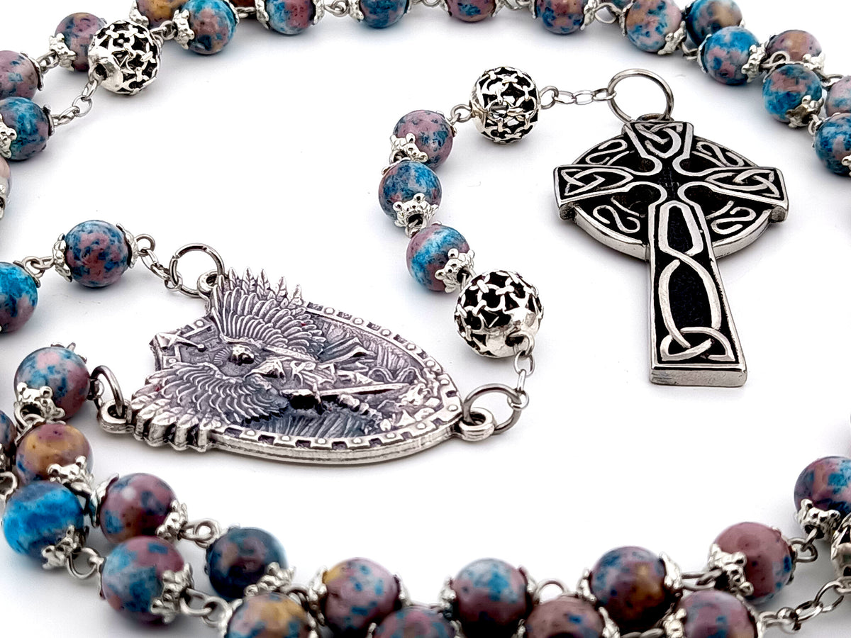 Saint Michael the archangel cyan dark marble gemstone and silver unique rosary beads with Celtic cross.