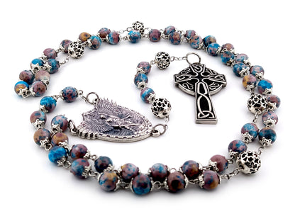 Saint Michael the archangel cyan dark marble gemstone and silver unique rosary beads with Celtic cross.
