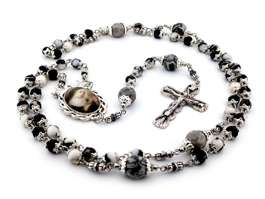 Saint Rita zebra and map jasper gemstone unique rosary beads with silver plated lily crucifix.