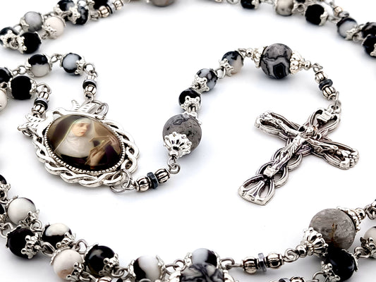 Saint Rita zebra and map jasper gemstone unique rosary beads with silver plated lily crucifix.