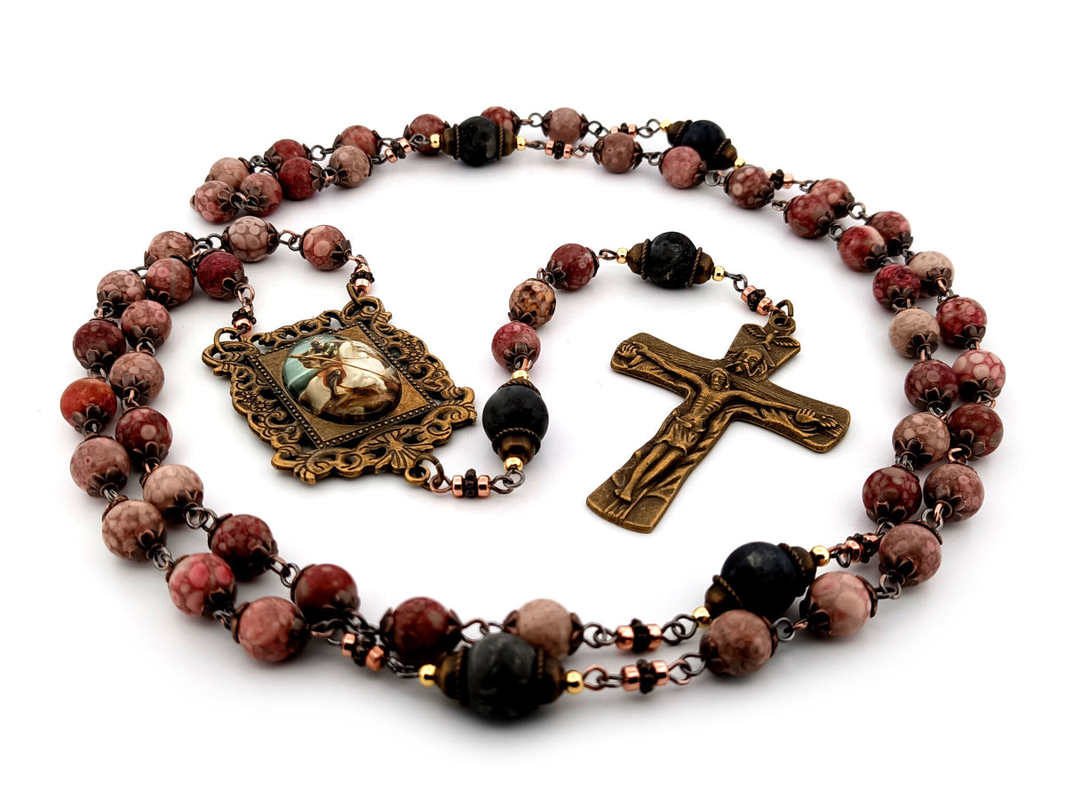 Saint George maifan stone and larvikite gemstone unique rosary beads with Trinity crucifix.