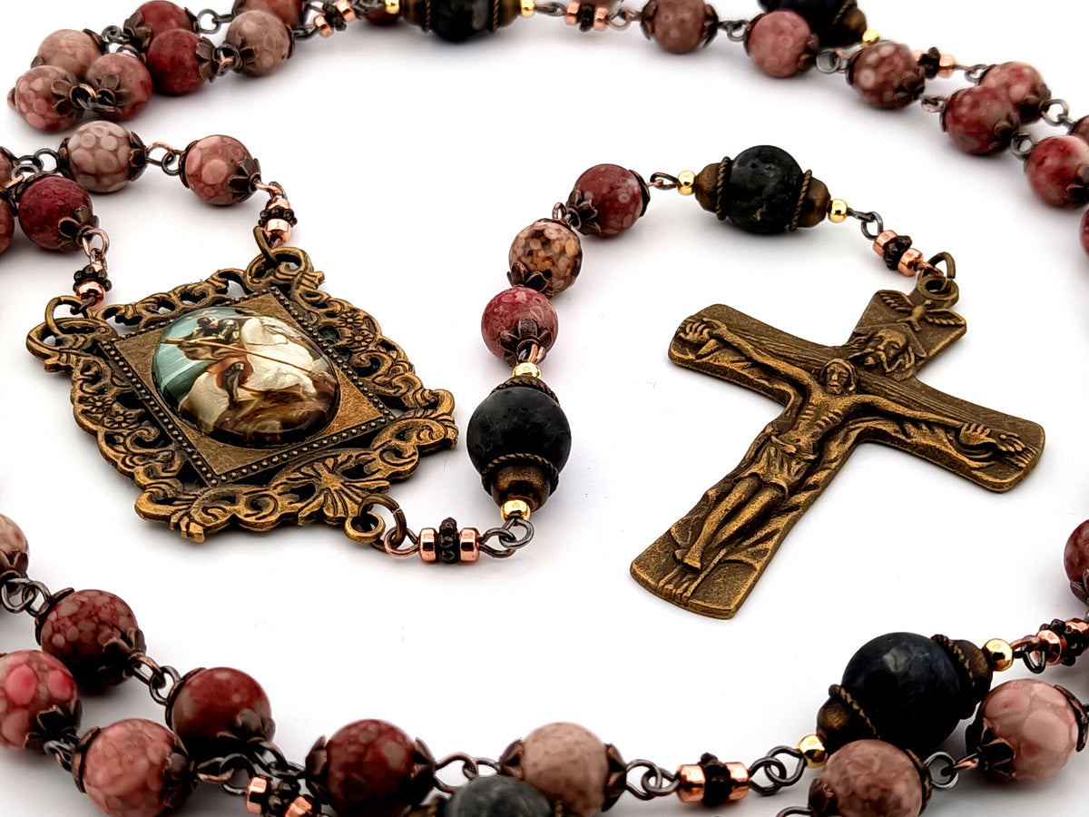 Saint George maifan stone and larvikite gemstone unique rosary beads with Trinity crucifix.
