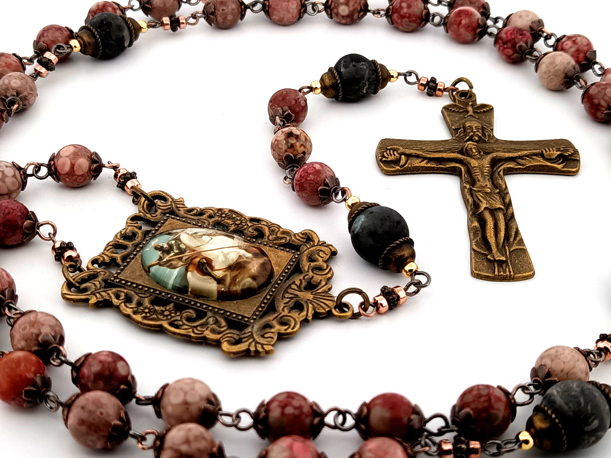 Saint George maifan stone and larvikite gemstone unique rosary beads with Trinity crucifix.