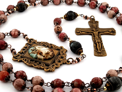 Saint George maifan stone and larvikite gemstone unique rosary beads with Trinity crucifix.