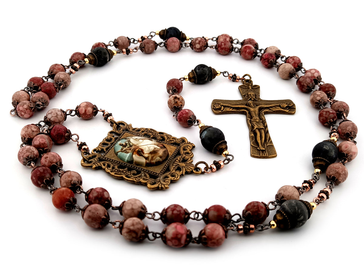Saint George maifan stone and larvikite gemstone unique rosary beads with Trinity crucifix.