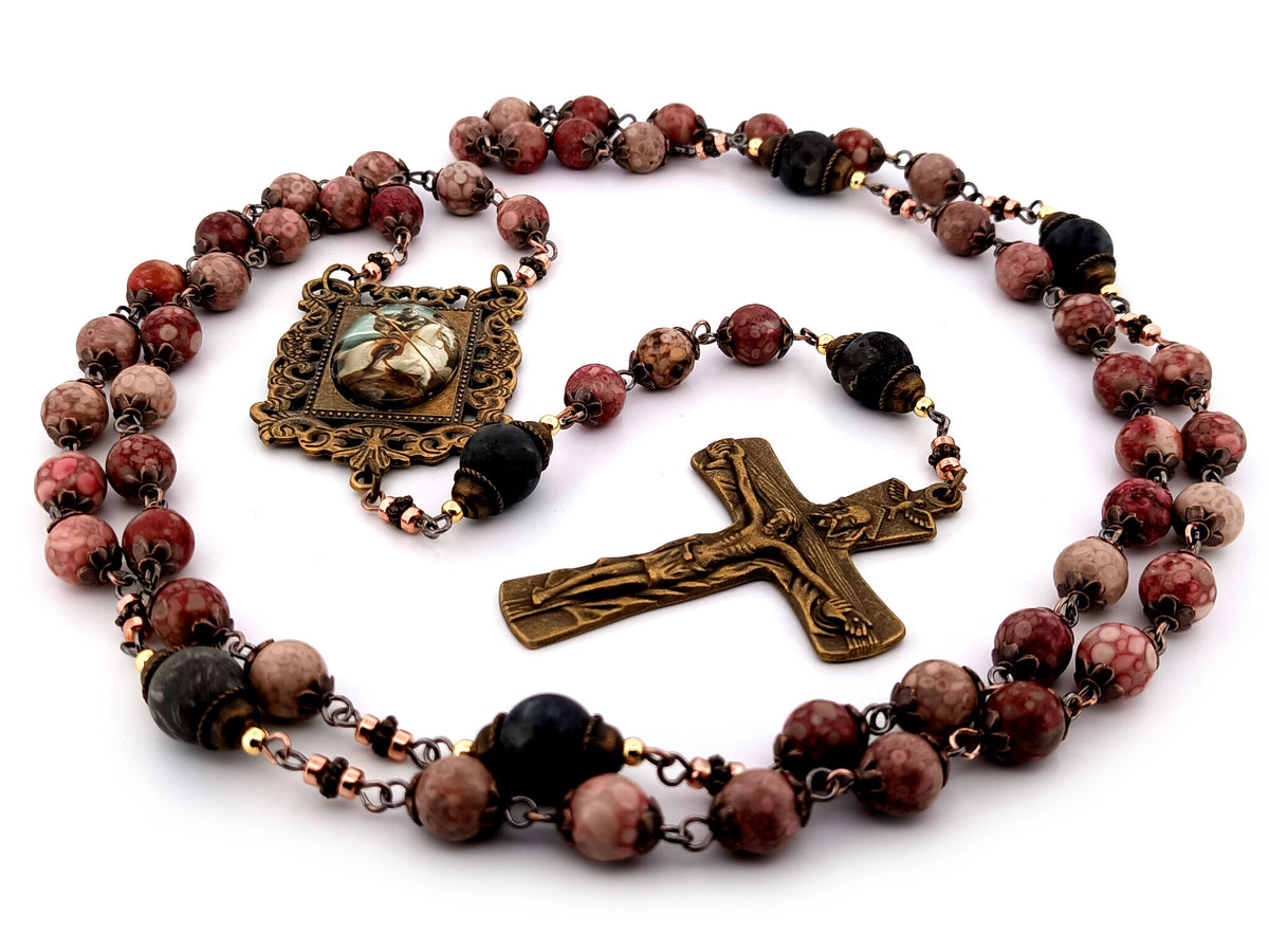 Saint George maifan stone and larvikite gemstone unique rosary beads with Trinity crucifix.