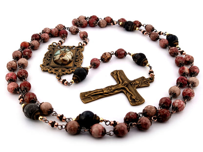 Saint George maifan stone and larvikite gemstone unique rosary beads with Trinity crucifix.