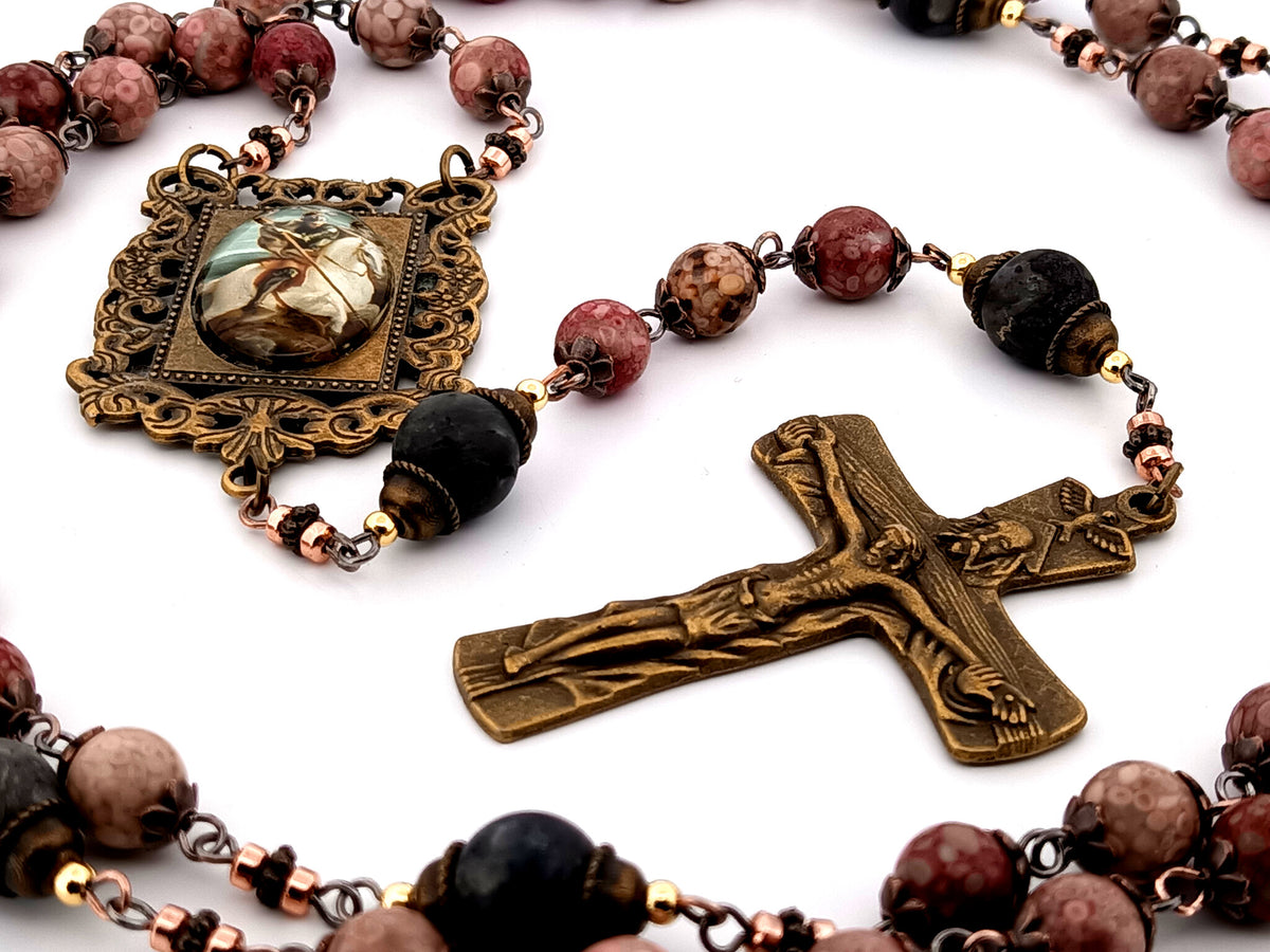 Saint George maifan stone and larvikite gemstone unique rosary beads with Trinity crucifix.