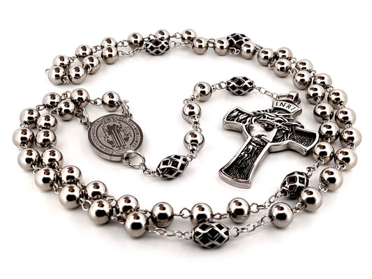 Saint Benedict stainless steel unique rosary beads with Crown of Thorns stainless steel crucifix.