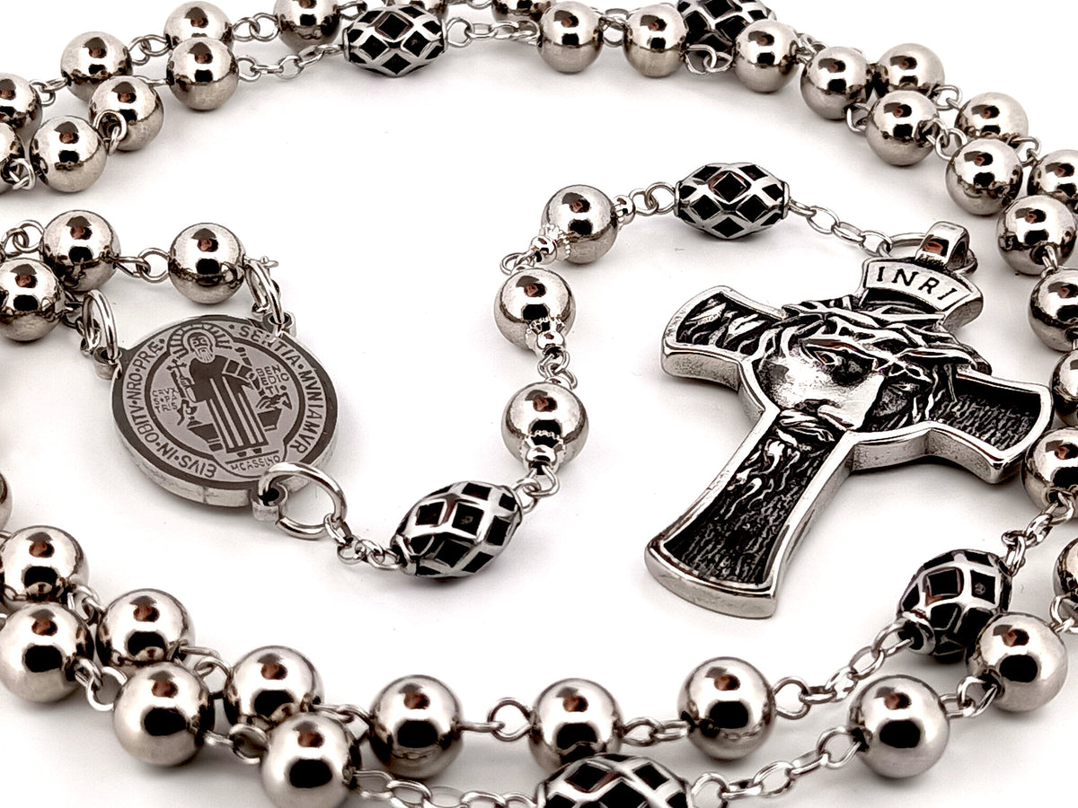 Saint Benedict stainless steel unique rosary beads with Crown of Thorns stainless steel crucifix.