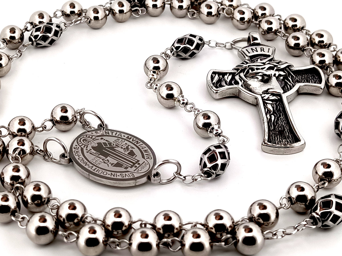 Saint Benedict stainless steel unique rosary beads with Crown of Thorns stainless steel crucifix.
