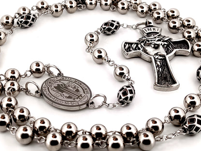 Saint Benedict stainless steel unique rosary beads with Crown of Thorns stainless steel crucifix.