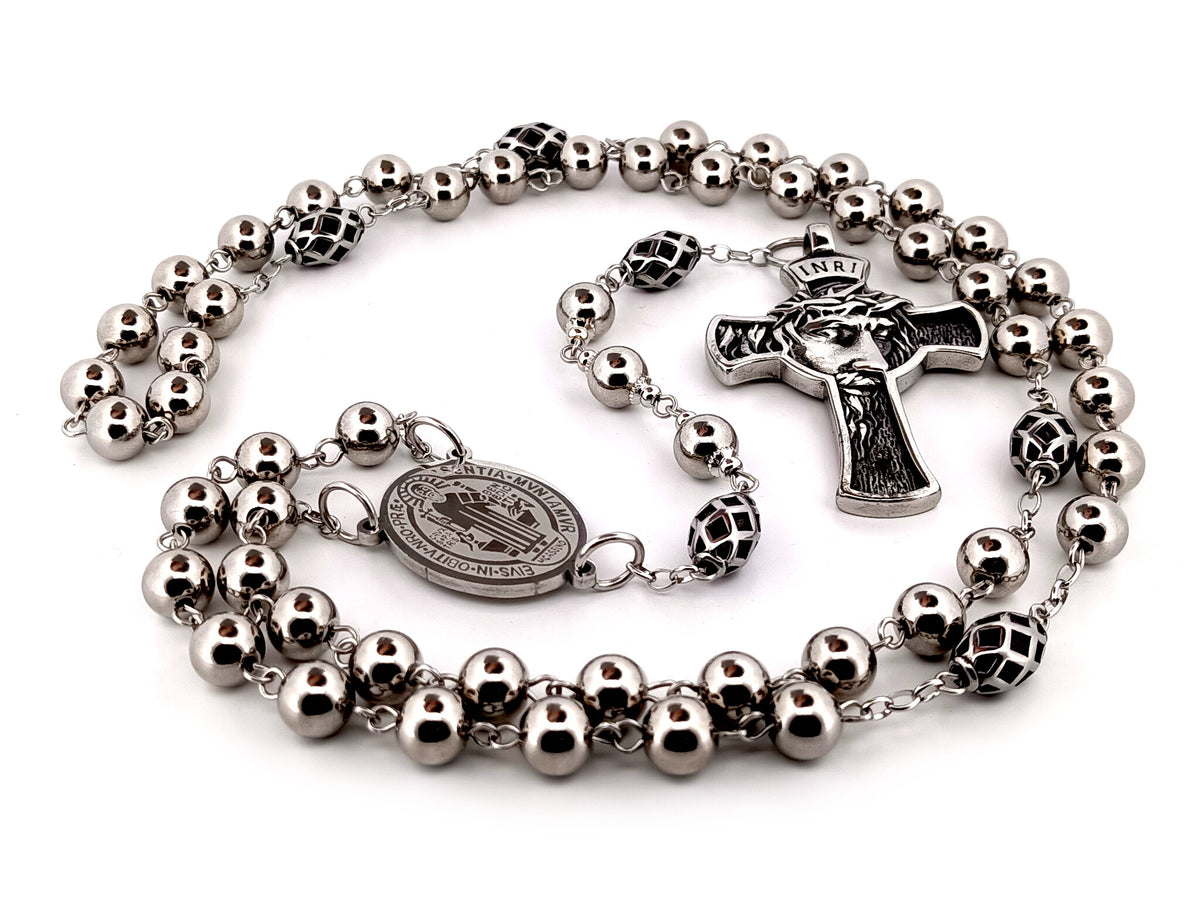 Saint Benedict stainless steel unique rosary beads with Crown of Thorns stainless steel crucifix.