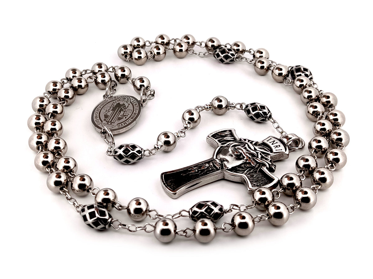 Saint Benedict stainless steel unique rosary beads with Crown of Thorns stainless steel crucifix.