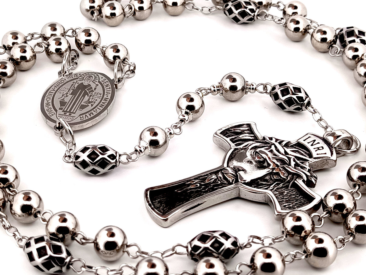 Saint Benedict stainless steel unique rosary beads with Crown of Thorns stainless steel crucifix.