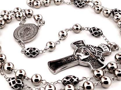 Saint Benedict stainless steel unique rosary beads with Crown of Thorns stainless steel crucifix.