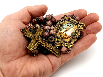 Saint George maifan stone and larvikite gemstone unique rosary beads with Trinity crucifix.