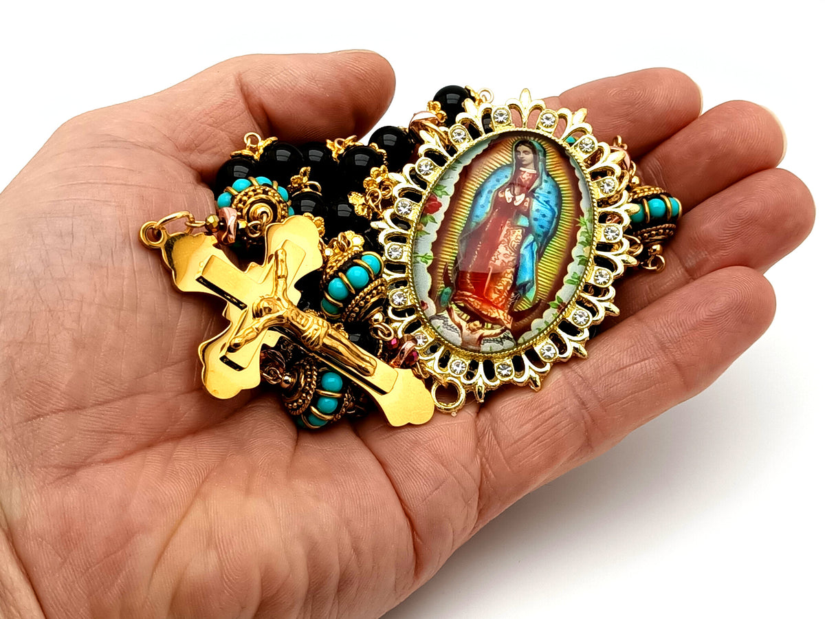 Our Lady of Guadalupe onyx gemstone unique rosary beads with gold plated 3D stainless steel crucifix.