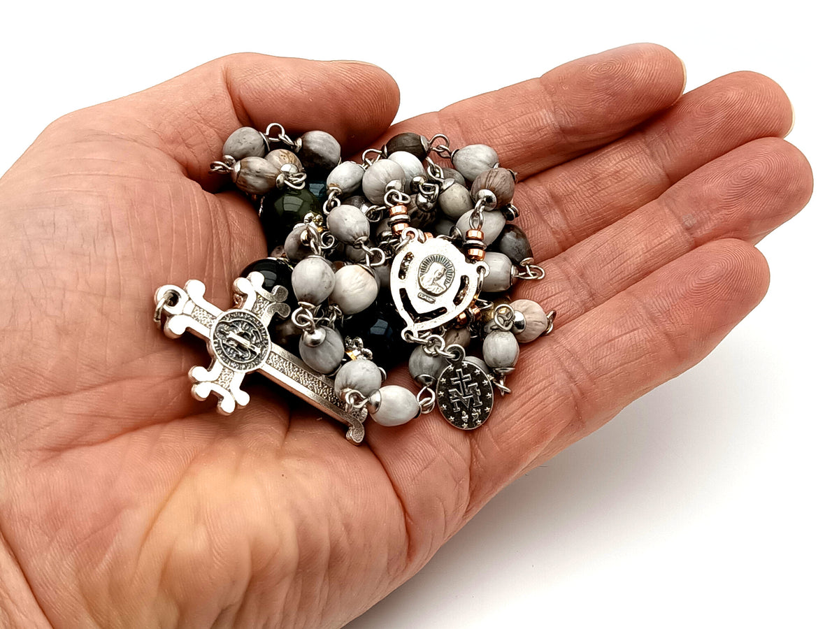Sacred Heart job tears and tigers eye gemstone unique rosary beads with Saint Benedict scroll crucifix.
