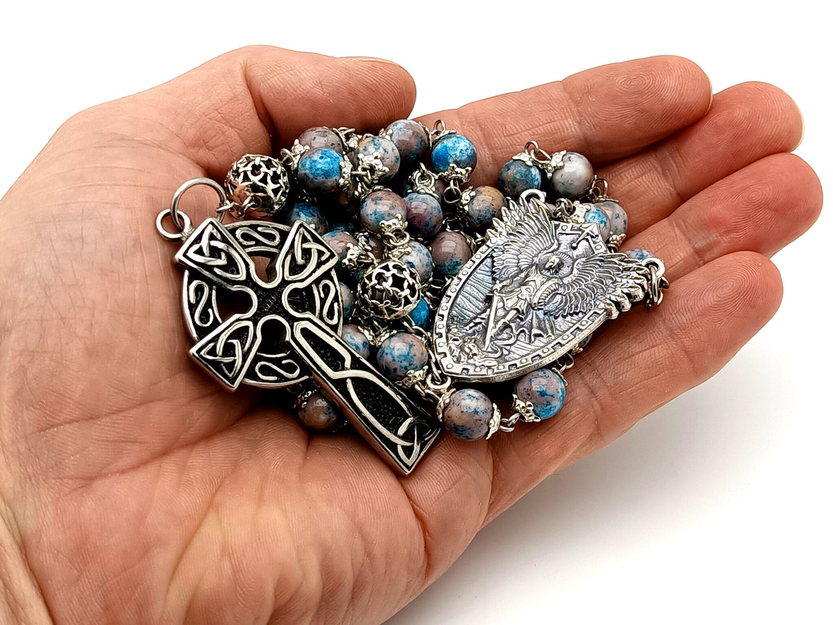 Saint Michael the archangel cyan dark marble gemstone and silver unique rosary beads with Celtic cross.
