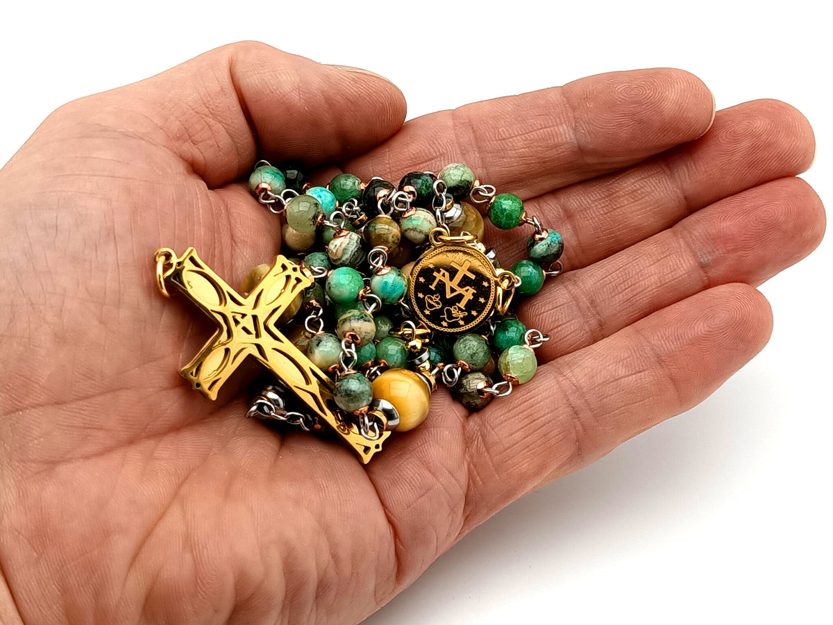 Miraculous medal line green jasper and tigers eye gemstone unique rosary beads with gold plated 3D lattice crucifix.