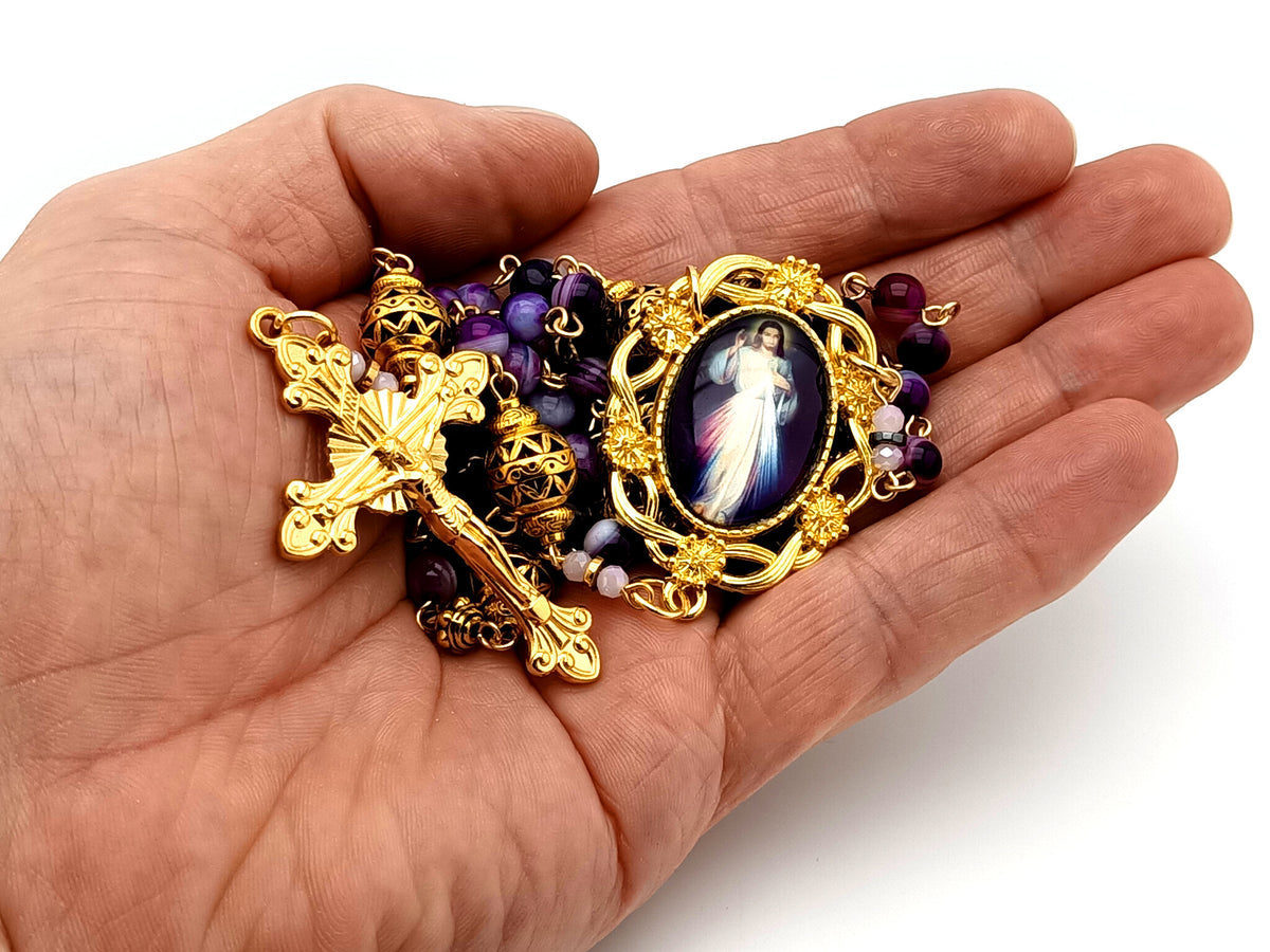 Divine Mercy purple striped agate and gold gemstone unique rosary beads with gold plated sunburst crucifix.