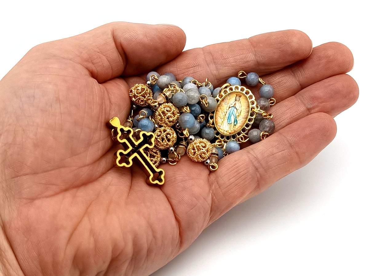 Immaculate Conception aqua marine gemstone and 18K gold unique rosary beads with gold plated 3D cross.