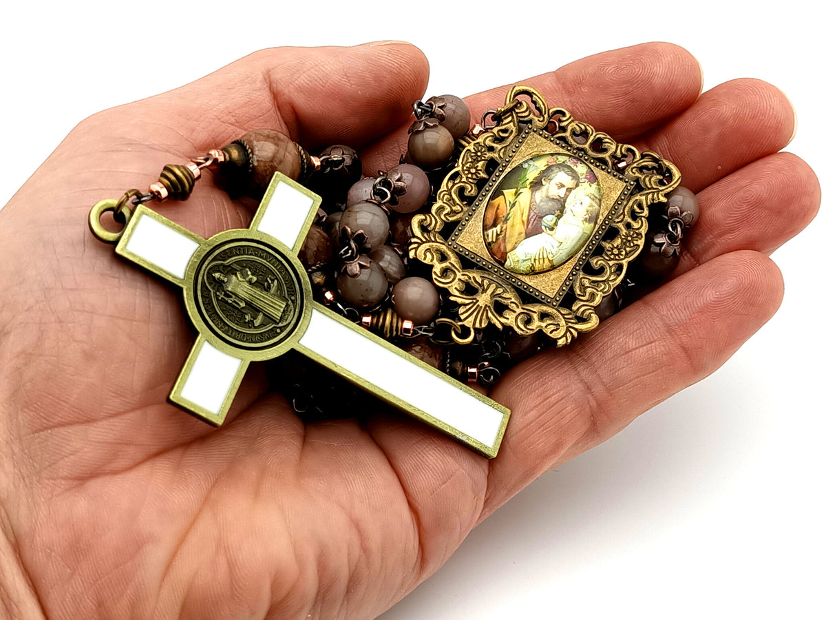 Saint Joseph rhodonite and jasper gemstone unique rosary beads with white enamel brass crucifix.