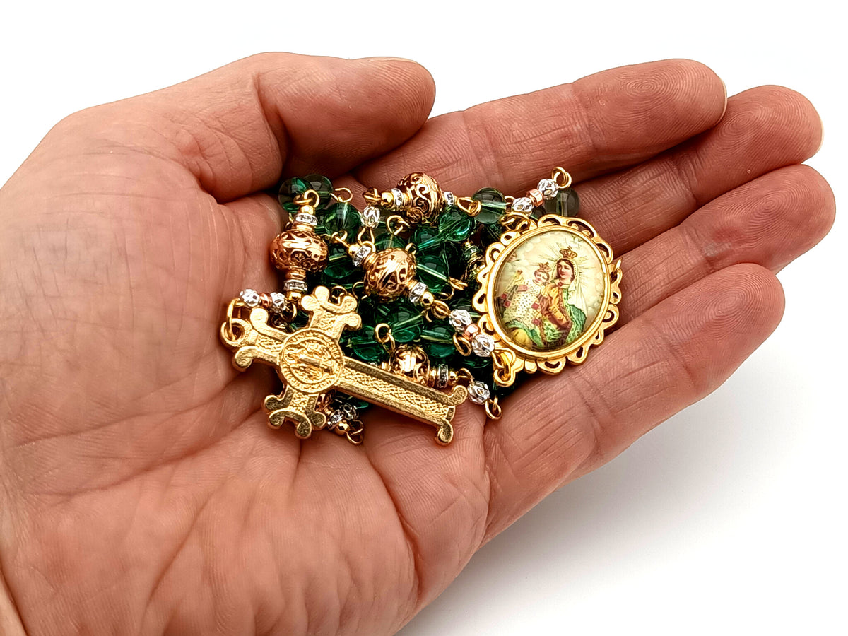 Our Lady of Mount Carmel Austrian crystal and gold unique rosary beads with gold scroll Saint Benedict crucifix.