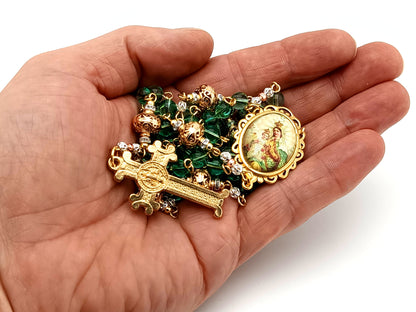 Our Lady of Mount Carmel Austrian crystal and gold unique rosary beads with gold scroll Saint Benedict crucifix.