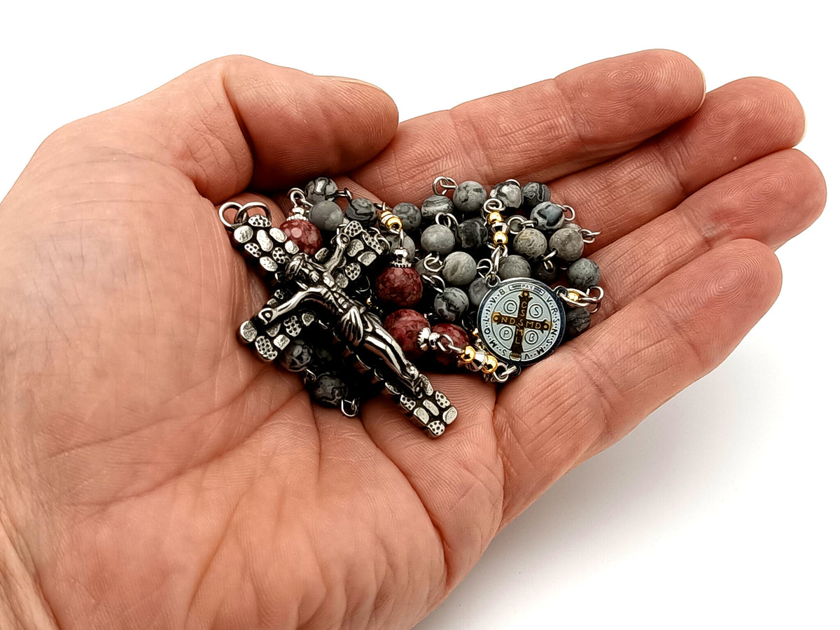 Saint Benedict map stone jasper and maifan gemstone unique rosary beads with cobble style crucifix.