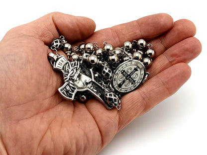 Saint Benedict stainless steel unique rosary beads with Crown of Thorns stainless steel crucifix.