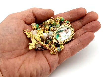 Saint Maria Goretti green line jasper gemstone and mother of pearl unique rosary beads with gold plated sunburst crucifix.