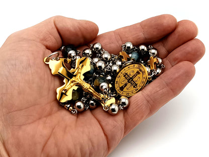 Saint Benedict stainless steel and tigers eye gemstone unique rosary beads with gold plated stainless steel 3D crucifix.