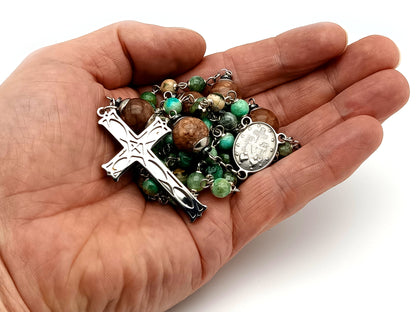 Miraculous Medal line green jasper and marble agate gemstone unique rosary beads with stainless steel lattice cross.