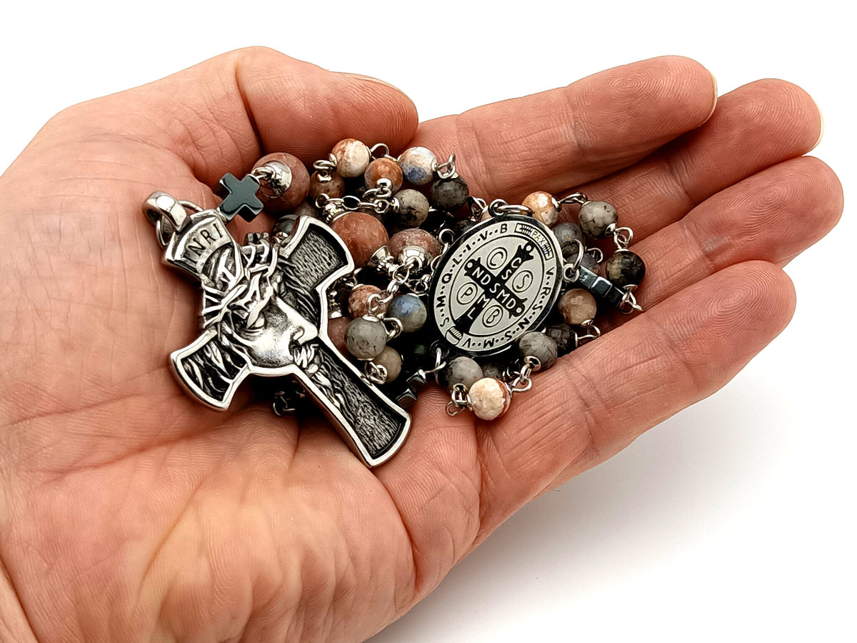 Saint Benedict rhodonite and sesame jasper gemstone unique rosary beads with stainless steel crown of thorns crucifix.
