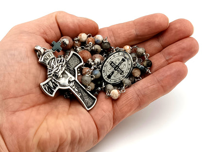 Saint Benedict rhodonite and sesame jasper gemstone unique rosary beads with stainless steel crown of thorns crucifix.