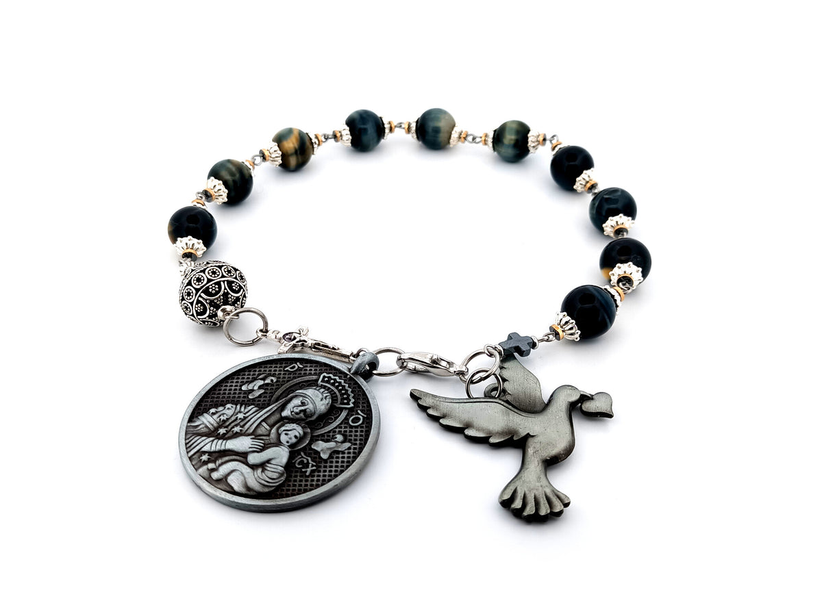 Our Lady of Perpetual Help tigers eye gemstone single decade unique rosary beads with large pewter dove medal.