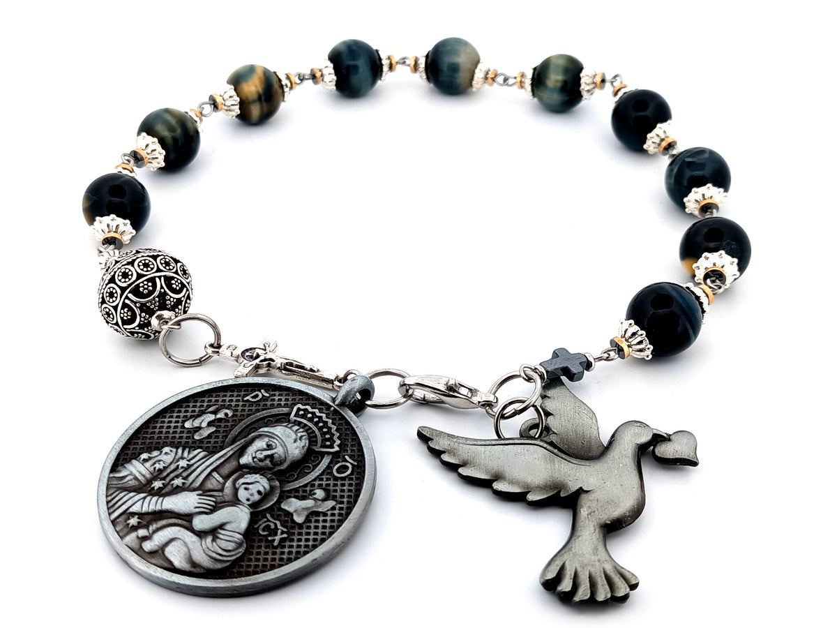 Our Lady of Perpetual Help tigers eye gemstone single decade unique rosary beads with large pewter dove medal.