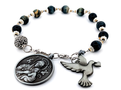 Our Lady of Perpetual Help tigers eye gemstone single decade unique rosary beads with large pewter dove medal.