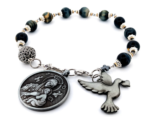 Our Lady of Perpetual Help tigers eye gemstone single decade unique rosary beads with large pewter dove medal.