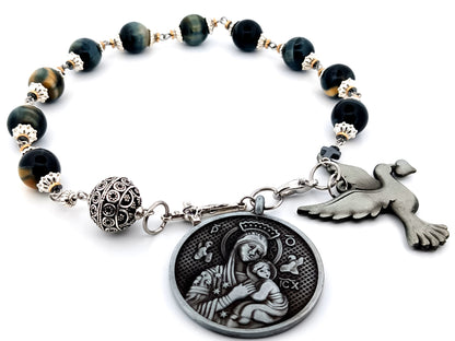Our Lady of Perpetual Help tigers eye gemstone single decade unique rosary beads with large pewter dove medal.