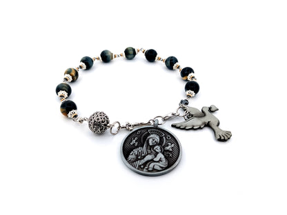 Our Lady of Perpetual Help tigers eye gemstone single decade unique rosary beads with large pewter dove medal.