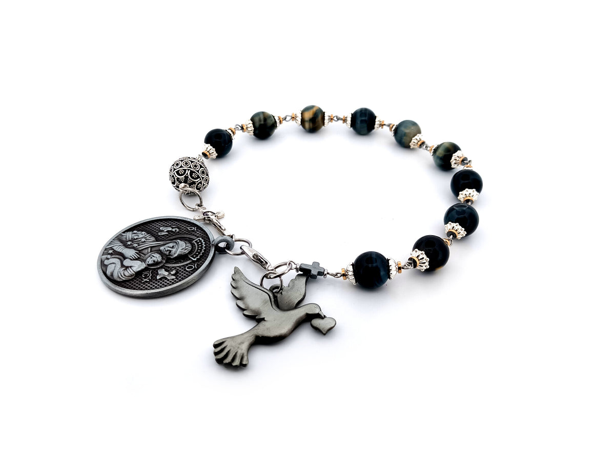 Our Lady of Perpetual Help tigers eye gemstone single decade unique rosary beads with large pewter dove medal.