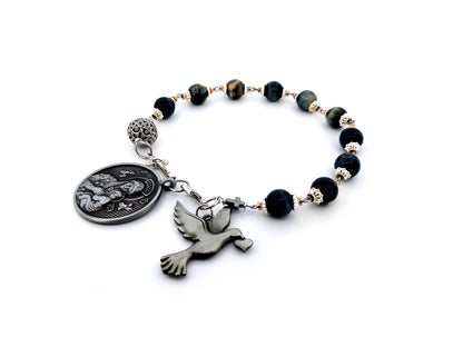 Our Lady of Perpetual Help tigers eye gemstone single decade unique rosary beads with large pewter dove medal.