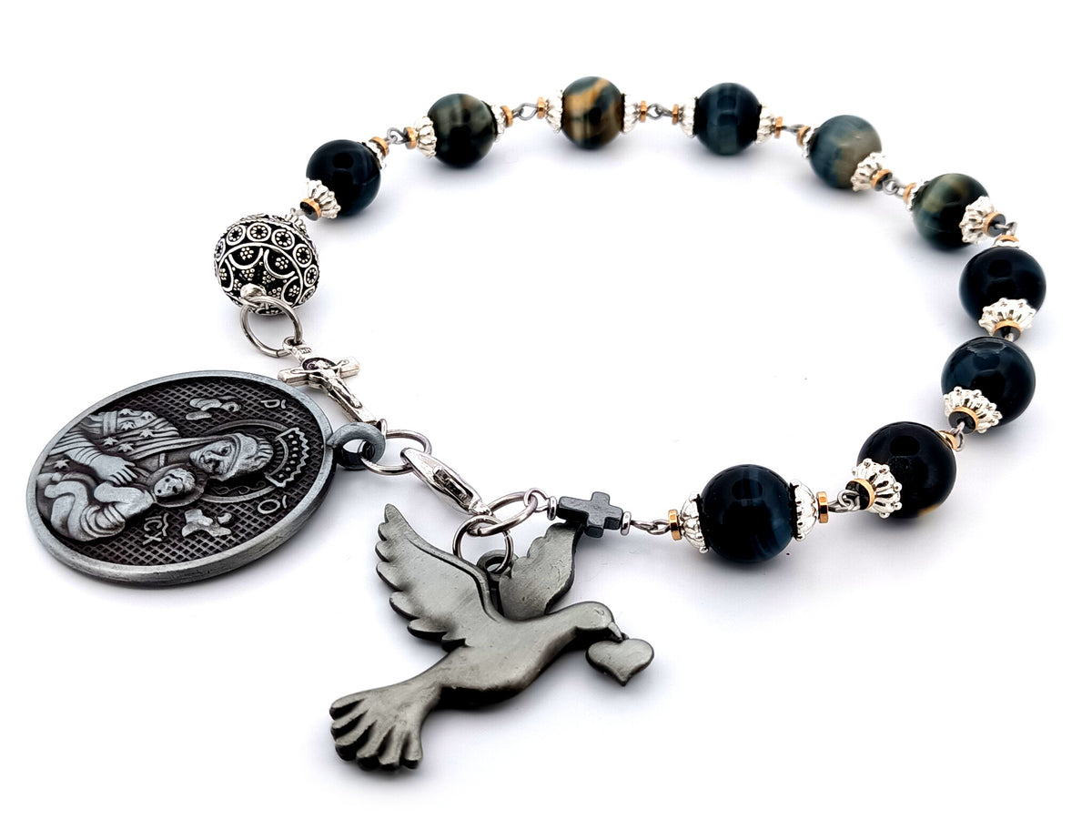 Our Lady of Perpetual Help tigers eye gemstone single decade unique rosary beads with large pewter dove medal.