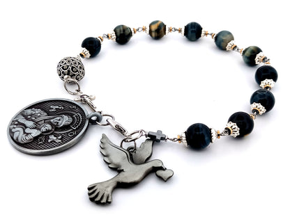 Our Lady of Perpetual Help tigers eye gemstone single decade unique rosary beads with large pewter dove medal.