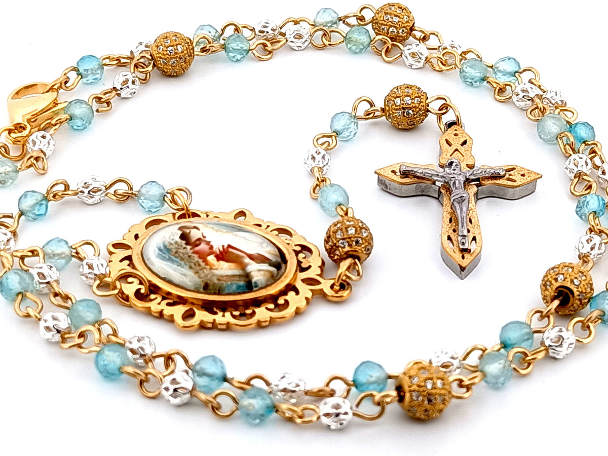 Virgin Mary topaz gemstone and 925 sterling silver unique rosary beads with mosaic 3D crucifix.